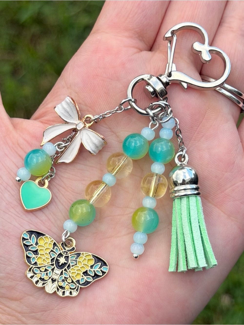 Mint Green Tassel & Bead Butterfly Keyring Charm